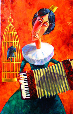 Expressionist oil painting of a crowned woman playing an accordion beside a golden birdcage with a dark bird, set against a fiery orange background, from Igor Shulman’s Accursed Kings Series.