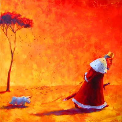 Expressionist oil painting of a weary, hunched king dragging a small dog across a fiery, desolate landscape, symbolizing loss and the fleeting nature of power, from Igor Shulman’s Accursed Kings Series.