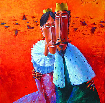 Expressionist oil painting of a king and queen with elongated features embracing against a fiery orange background filled with fleeing birds, from Igor Shulman’s Accursed Kings Series.