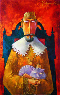 Expressionist oil painting of a regal king with an elongated face holding a purple cat, seated on a dark throne against a fiery red background, from Igor Shulman’s Accursed Kings Series.