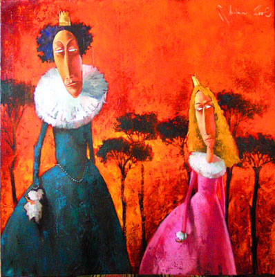 Two stylized queen figures, mother and daughter, in teal and pink gowns with crowns, set against a fiery red and orange textured background from Igor Shulman’s Accursed Kings Series.