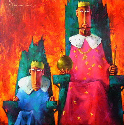 Expressionist oil painting of two kings seated on ornate green thrones against a fiery red and orange background, symbolizing power, legacy, and responsibility, from Igor Shulman’s Accursed Kings Series.