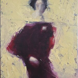 Igor Shulman oil painting of a woman’s silhouette in burgundy against textured yellow.