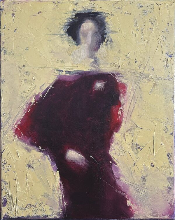 Igor Shulman oil painting of a woman’s silhouette in burgundy against textured yellow.
