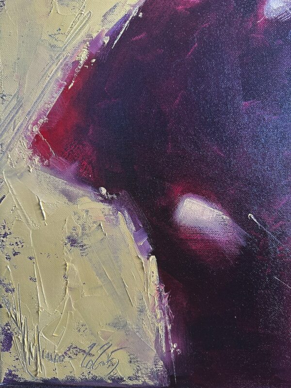 Close-up showing transition from deep burgundy to yellow in Shulman’s painting.