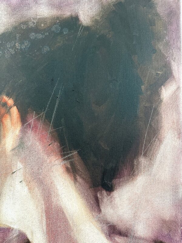 Textural oil painting detail showing low light effects in Shulman’s portrait.