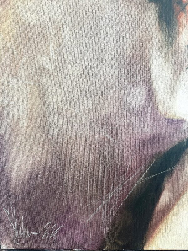 Gesture-focused close-up revealing muted tones and movement in oil painting.