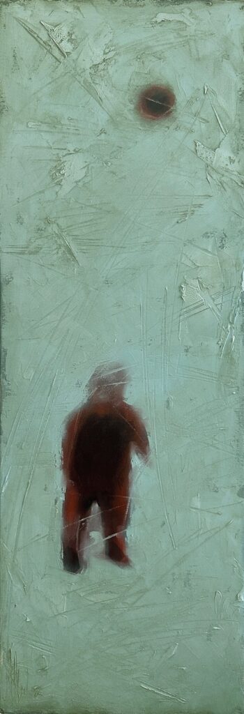 Memory Card original oil painting by Igor Shulman showing a solitary figure in a textured green abstract background