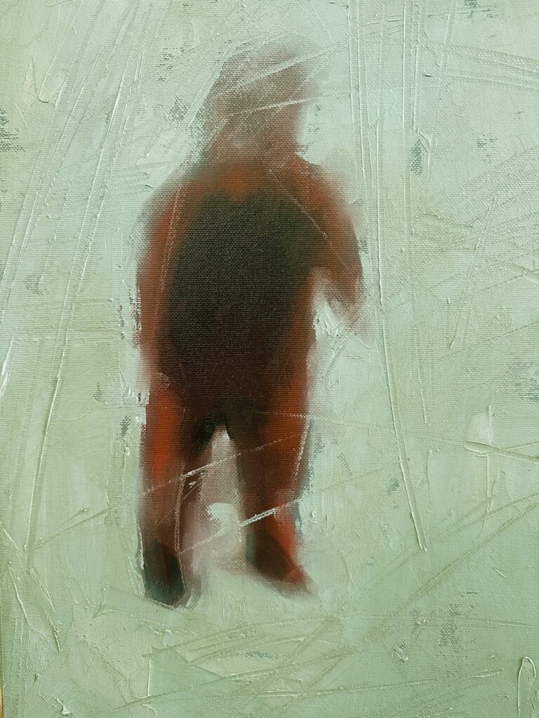Detail of the solitary figure and abstract pale green background in Memory Card oil painting by Igor Shulman