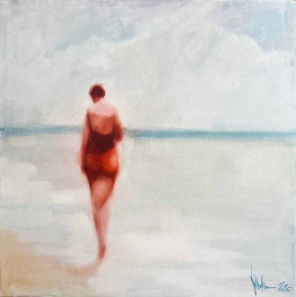 The painting shows a solitary woman walking away from the viewer along a quiet beach, creating a mood of calm reflection and introspection. At the center is the woman, seen from behind, wearing a reddish-orange one-piece swimsuit. Her figure is softly rendered, with no sharp details, giving the impression of a fleeting moment or a distant memory. Her posture is relaxed, and her steps seem slow and deliberate. Because her face is turned away, her emotions remain a mystery, adding to the sense of solitude. There are no other people or animals in the scene. The setting is a peaceful beach where pale sand gently meets shallow, calm water in muted teal tones that almost blend into the sky. The sky takes up most of the upper part of the painting, painted in soft washes of pale grays, whites, and light blues with hints of clouds, which together create a quiet, almost melancholic atmosphere. The overall color scheme is subdued, with the warm rust color of the swimsuit standing out against the cooler shades of the sea and sky. The light is soft and even, with no harsh shadows, lending a dreamy, hazy quality to the scene. The smooth texture and gentle color transitions suggest the use of oil paints. The style sits somewhere between Impressionism and realism. While the woman and the beach are clearly recognizable, the artist avoids sharp outlines and detailed features. The brushstrokes are visible but blended smoothly, helping to convey a sense of movement and atmosphere rather than precise detail. This blend of clarity and softness deepens the emotional feeling of quiet contemplation in the work.