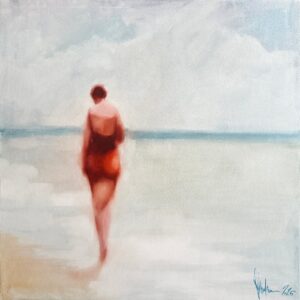 The painting shows a solitary woman walking away from the viewer along a quiet beach, creating a mood of calm reflection and introspection. At the center is the woman, seen from behind, wearing a reddish-orange one-piece swimsuit. Her figure is softly rendered, with no sharp details, giving the impression of a fleeting moment or a distant memory. Her posture is relaxed, and her steps seem slow and deliberate. Because her face is turned away, her emotions remain a mystery, adding to the sense of solitude. There are no other people or animals in the scene. The setting is a peaceful beach where pale sand gently meets shallow, calm water in muted teal tones that almost blend into the sky. The sky takes up most of the upper part of the painting, painted in soft washes of pale grays, whites, and light blues with hints of clouds, which together create a quiet, almost melancholic atmosphere. The overall color scheme is subdued, with the warm rust color of the swimsuit standing out against the cooler shades of the sea and sky. The light is soft and even, with no harsh shadows, lending a dreamy, hazy quality to the scene. The smooth texture and gentle color transitions suggest the use of oil paints. The style sits somewhere between Impressionism and realism. While the woman and the beach are clearly recognizable, the artist avoids sharp outlines and detailed features. The brushstrokes are visible but blended smoothly, helping to convey a sense of movement and atmosphere rather than precise detail. This blend of clarity and softness deepens the emotional feeling of quiet contemplation in the work.