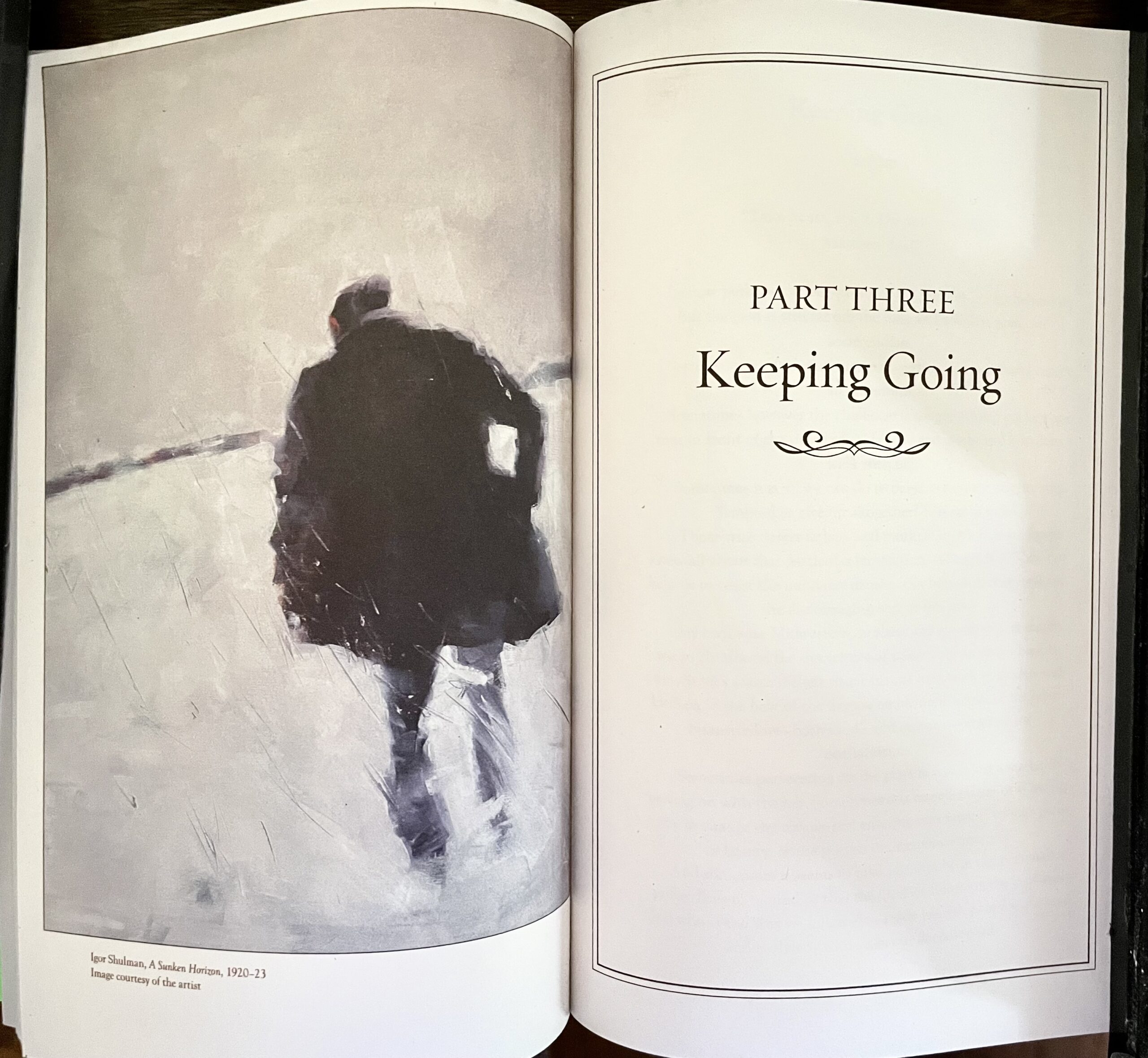 Horizon painting and section introduction Interior page showing Igor Shulman’s painting Sunken Horizon alongside text introducing the perseverance section of the book.