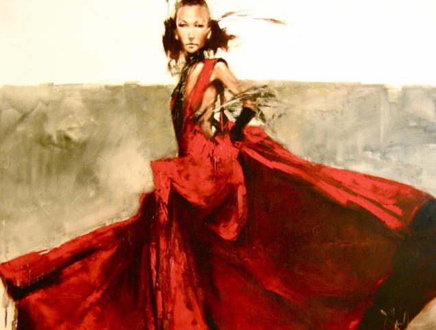 Painting of a woman in a sleeveless red dress striding forward, her dress billowing behind her against a muted, open background