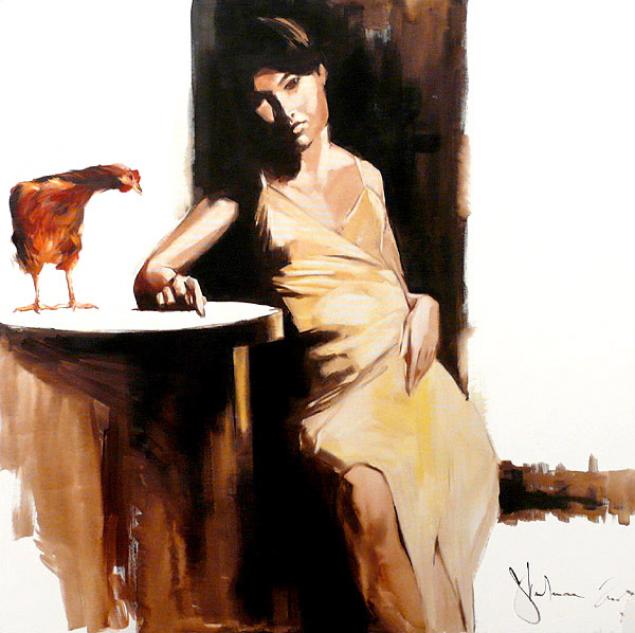 Painting of a pensive young woman in a pale yellow dress seated at a small round table, quietly contemplative, with a reddish-brown rooster standing nearby, set against a dark, softly lit background