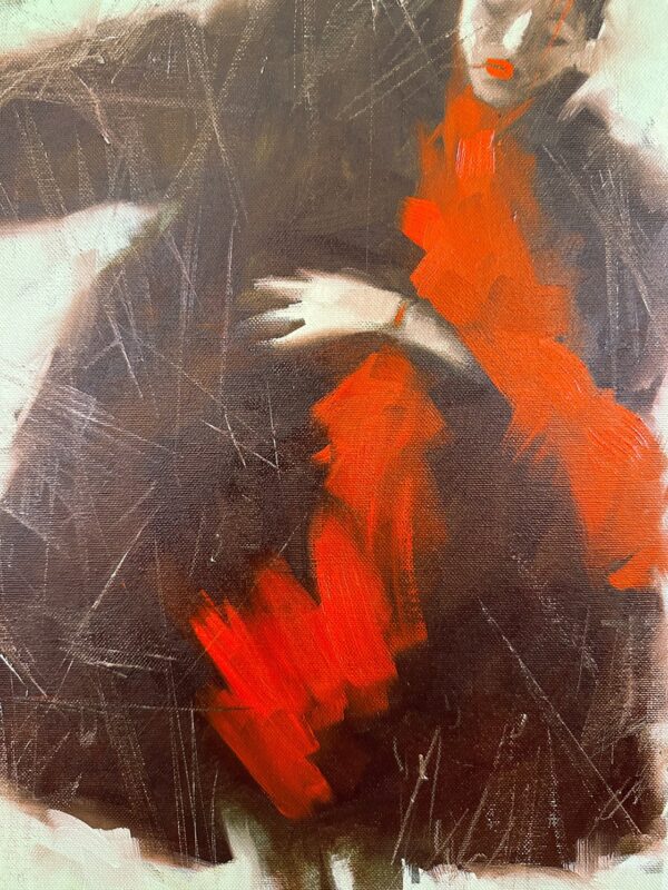 Close view of bright red brushstrokes marking the dress in Positive by Igor Shulman.