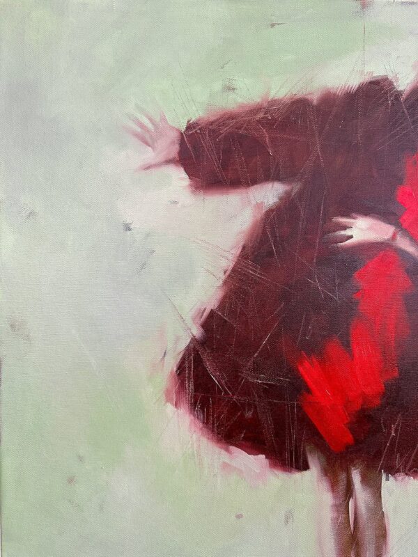 Textured maroon and red paint in the swirling dress, highlighting the painting’s energy.