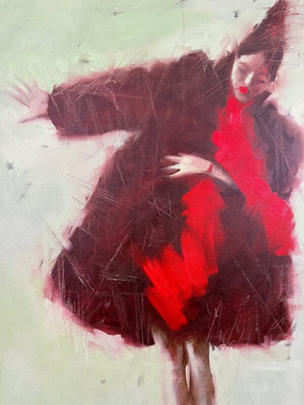 Blurred facial features and red lips, painted with soft transitions in Positive.