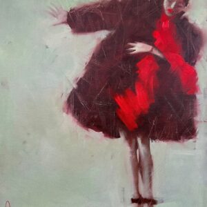 Oil painting “Positive” by Igor Shulman, showing a woman in a flowing dark dress with red accents, set against a gentle, pale background.