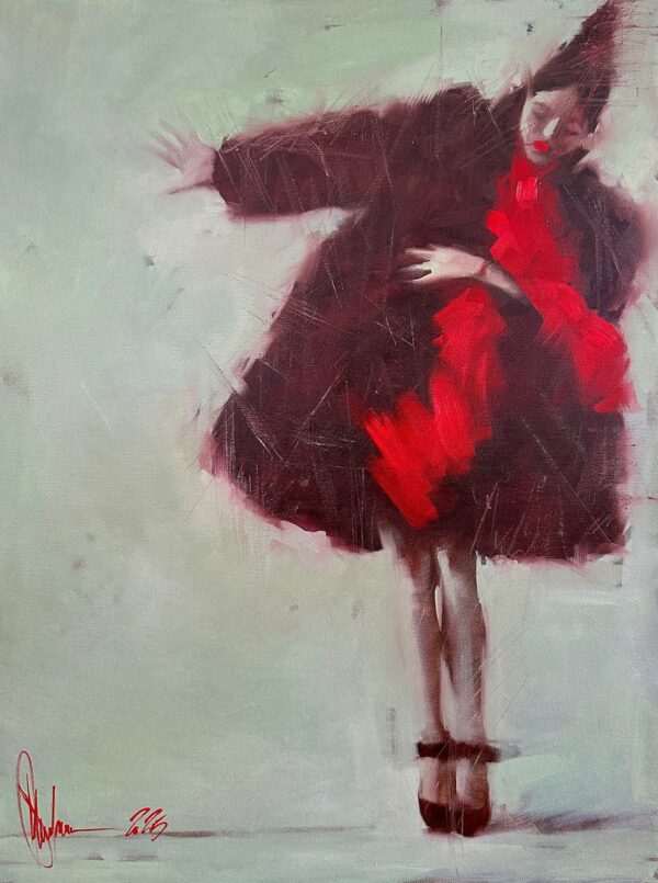 Oil painting “Positive” by Igor Shulman, showing a woman in a flowing dark dress with red accents, set against a gentle, pale background.