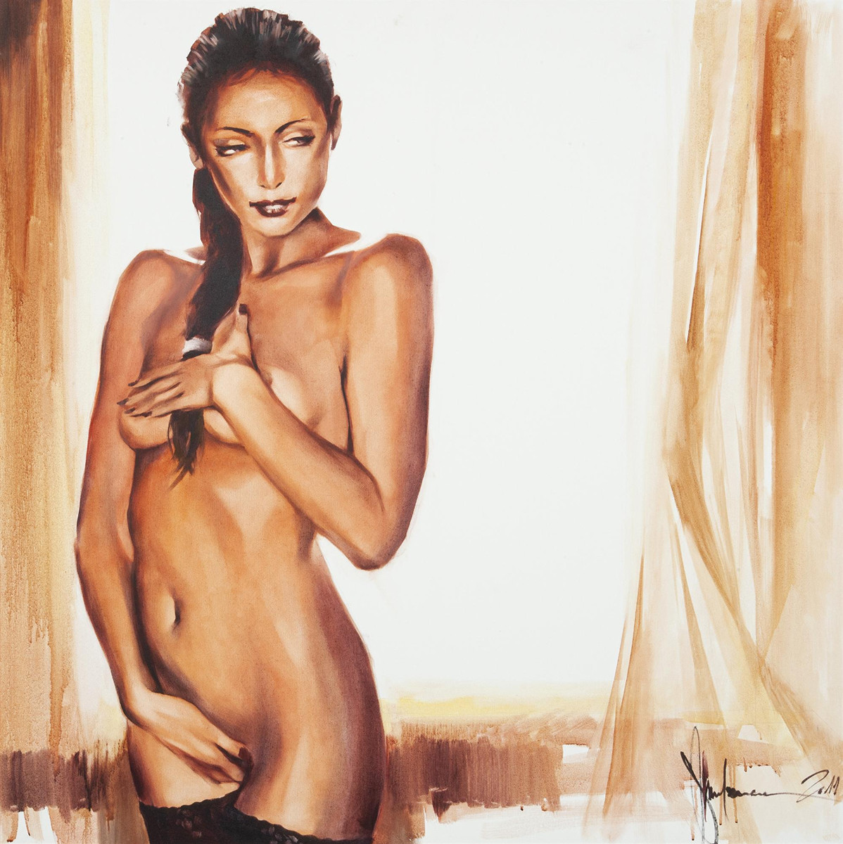 Erotic oil painting "Akt #39" by Igor Shulman, measuring 100 by 100 cm, showcasing a sensual figure in soft brushstrokes.