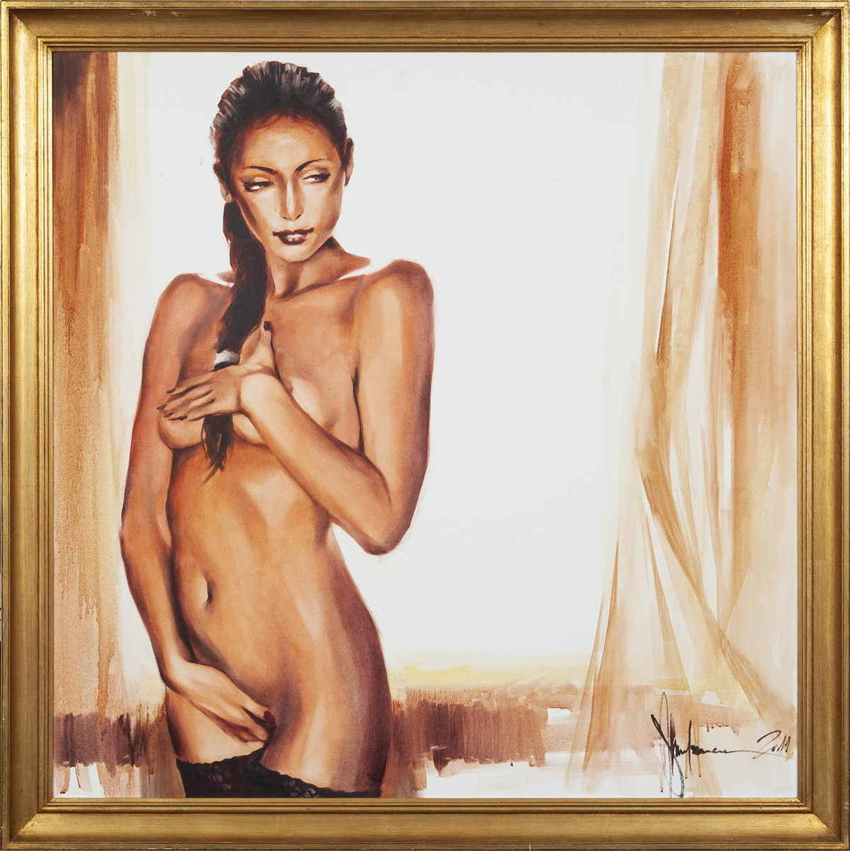 "Igor Shulman’s Akt #39" displayed in an elegant gold frame, highlighting the painting’s intimate and refined character.
