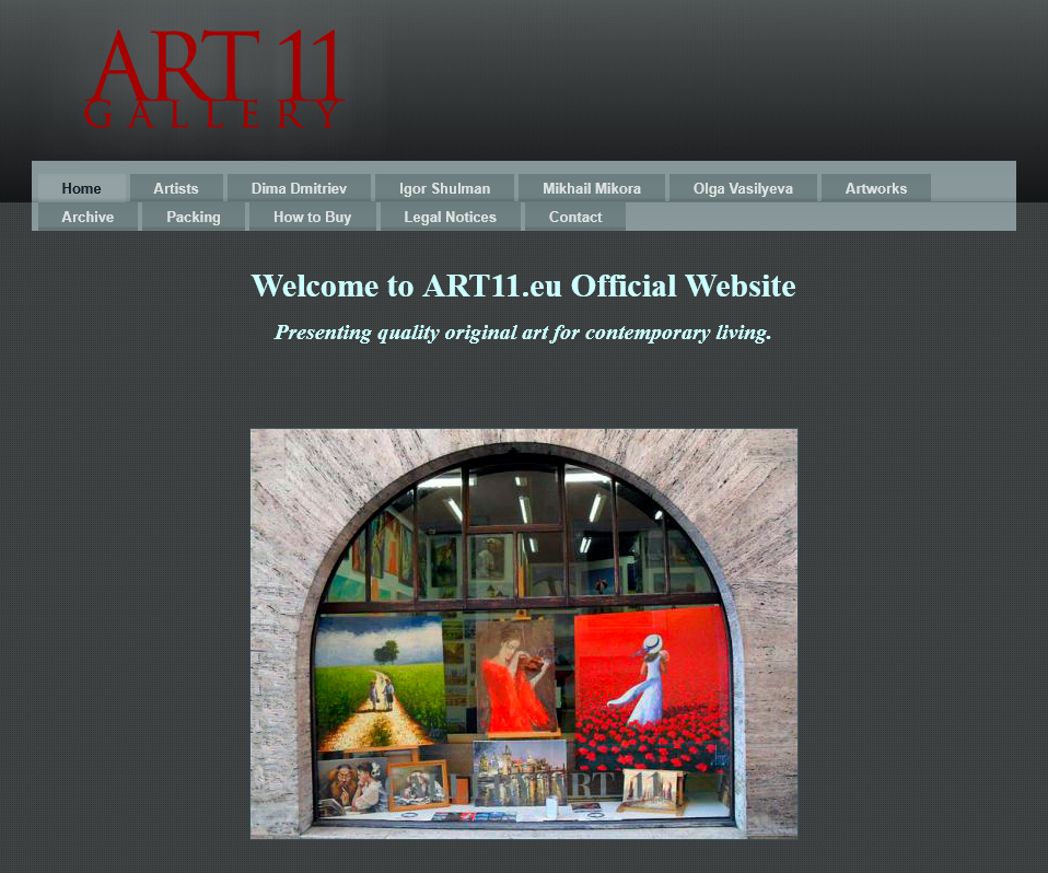 Exterior view of ART Gallery 11 storefront in Prague showcasing contemporary art exhibition