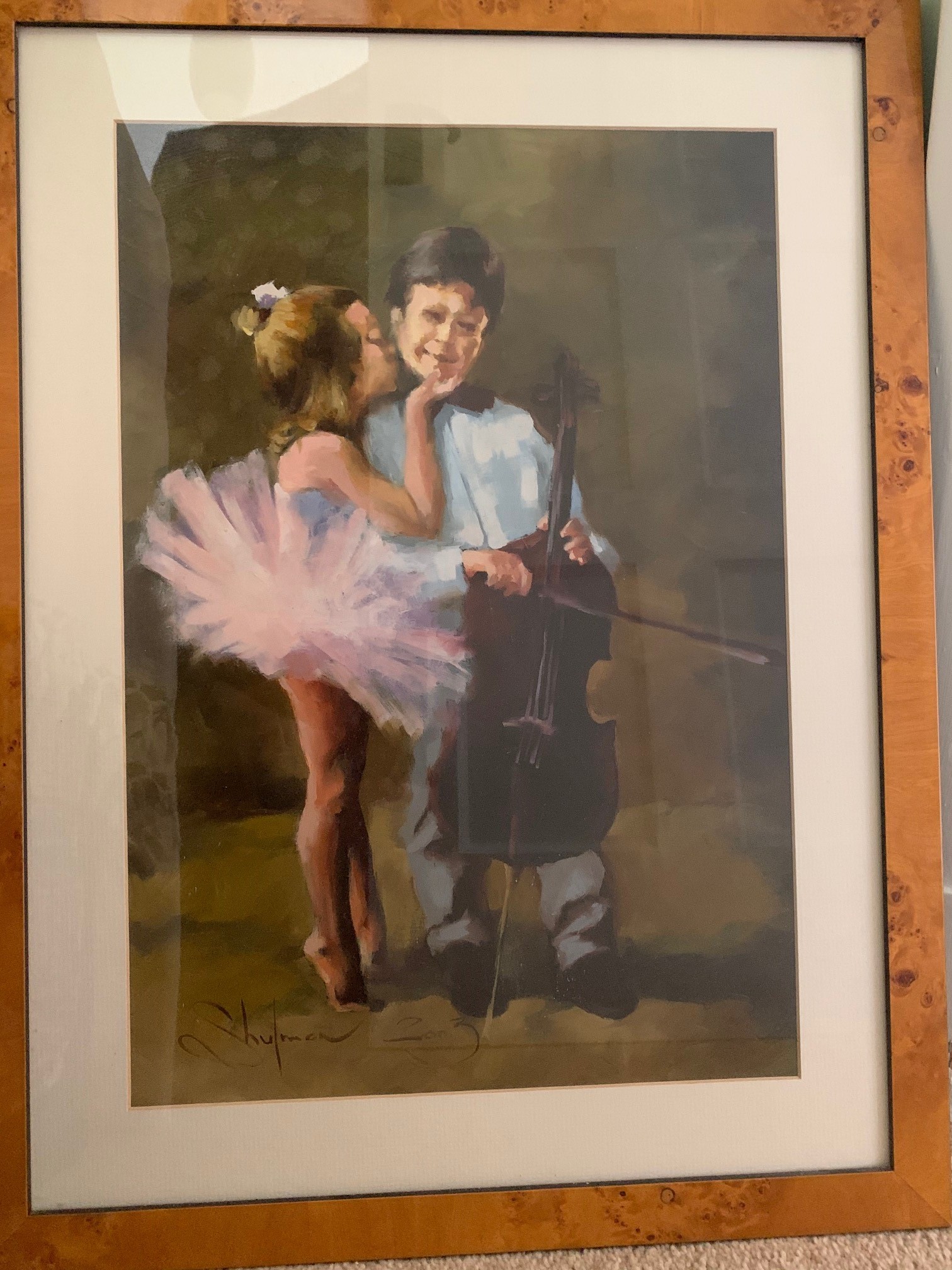 Painting of a young ballerina in a pale pink tutu gently kissing a shy boy holding a cello, in a softly lit intimate space with muted earth tones