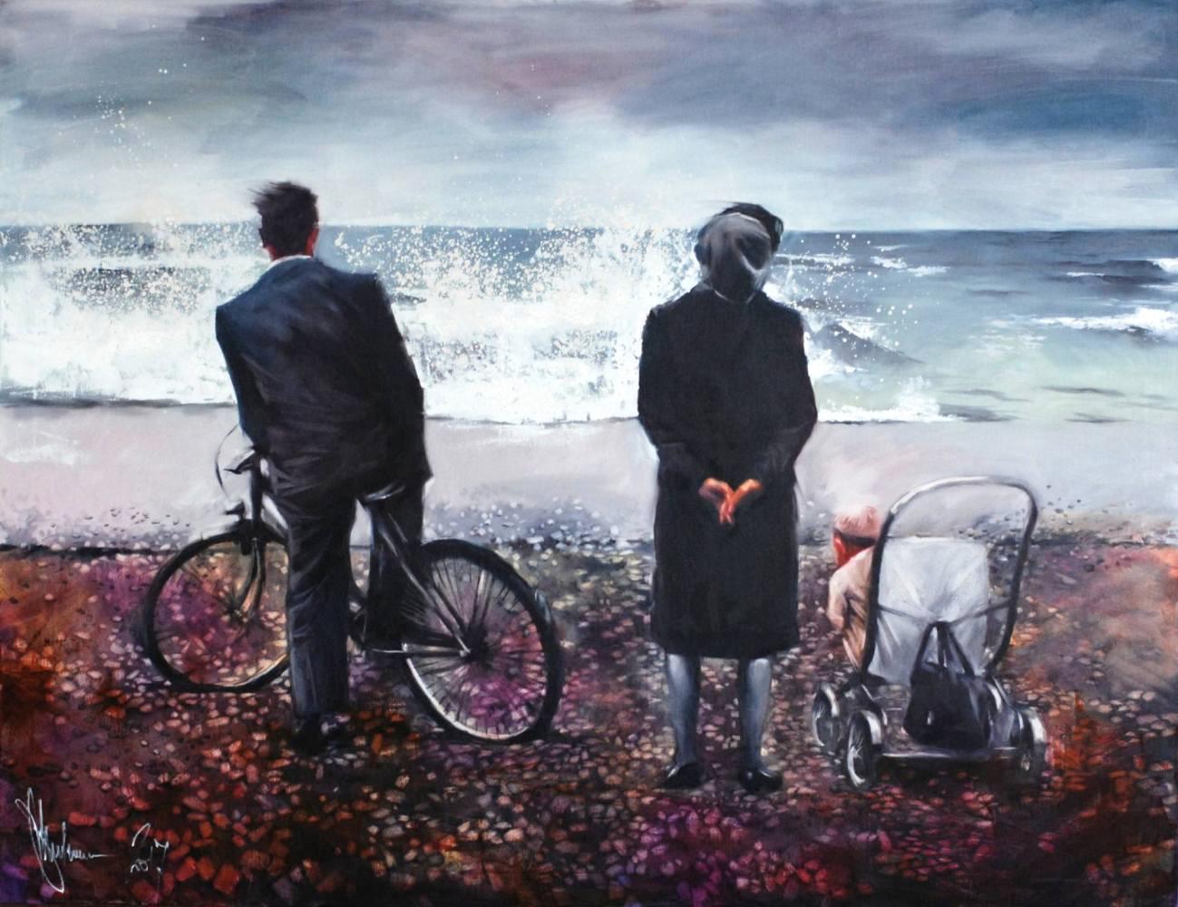 Painting of a man with a bicycle, a woman, and a baby in a stroller standing on a pebbled beach, gazing at turbulent waves under a muted gray-blue sky