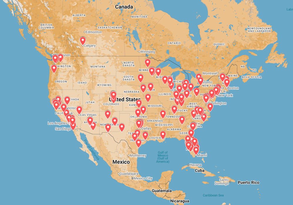 Map displaying where Igor Shulman’s paintings are collected in the United States and Canada.