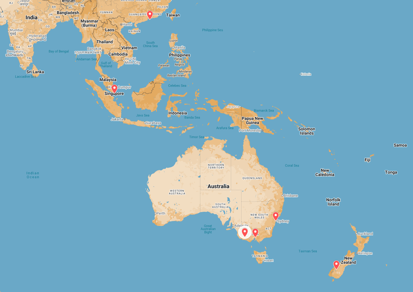 Map of Igor Shulman’s art collectors in Asia, Australia, and New Zealand.