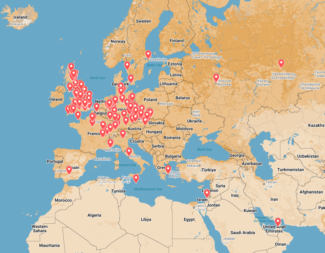 Map of Igor Shulman’s art collectors across Europe and the Middle East.