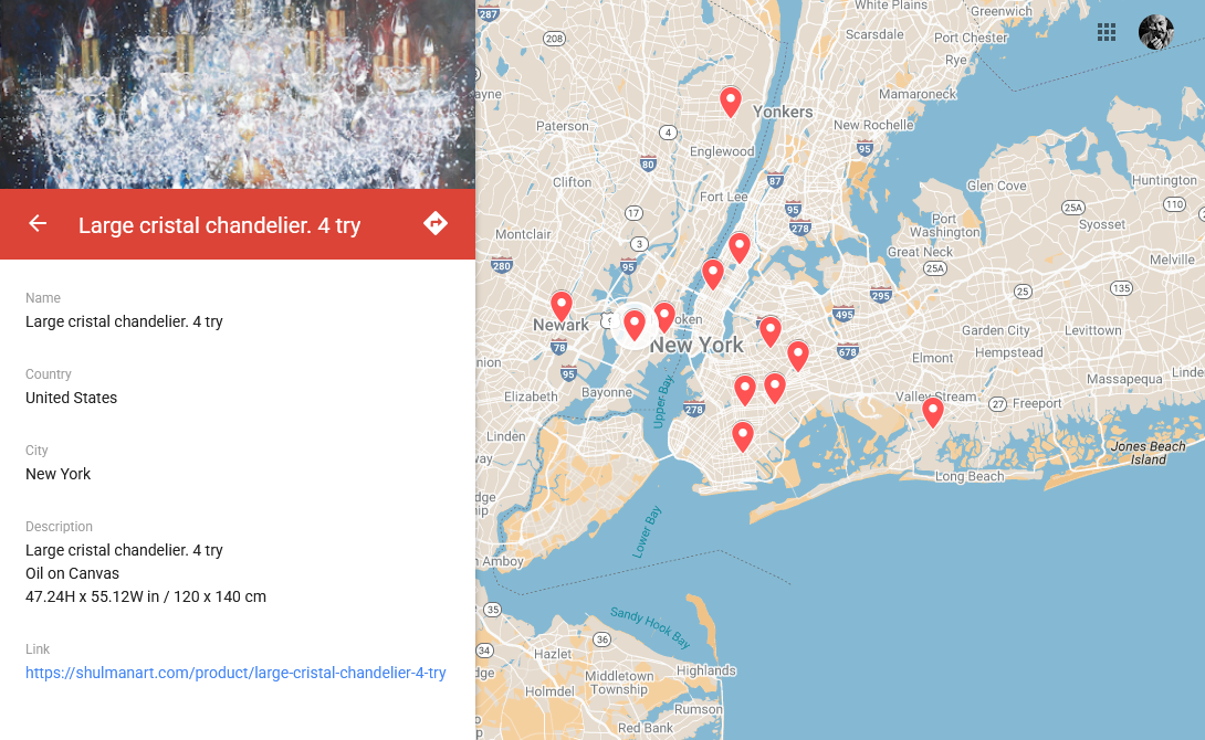 Map location of Igor Shulman’s painting “Large cristal chandelier. 4 try” in New York, United States.