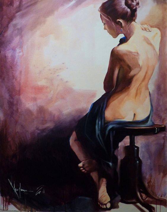 Painting of a nude woman seated on a dark wooden stool, partially draped in dark blue fabric, her back turned with hair in a neat bun, set against a soft, hazy background of purples and muted browns in a painterly style