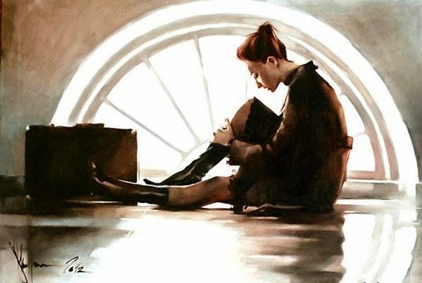 Realistic painting of a young woman with reddish-brown hair tied back, sitting on a light floor near a large arched window, wearing a dark coat and boots, with a brown suitcase beside her, bathed in soft window light