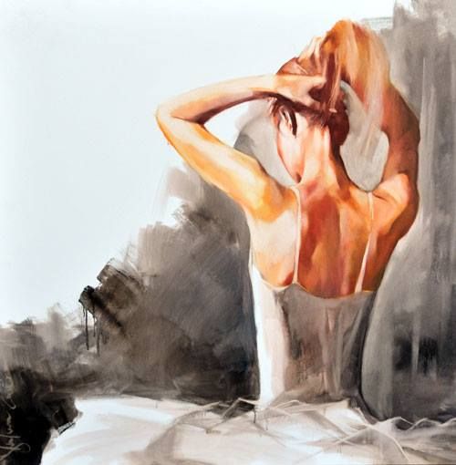 Impressionistic painting of a slender woman seen from behind, gently tying her reddish-brown hair, wearing a light slip against an abstract dark gray and brown background with soft, diffused light
