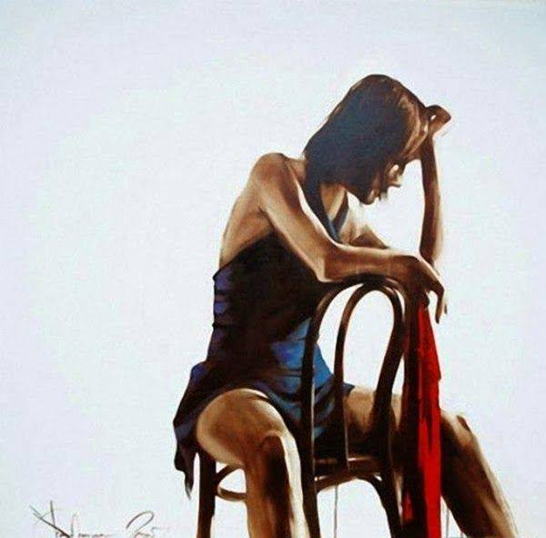 Realistic painting of a woman with shoulder-length dark hair seated on a simple wooden chair, wearing a dark blue sleeveless dress, resting her head on her hand, with a red scarf draped over the chair’s arm against a plain white background