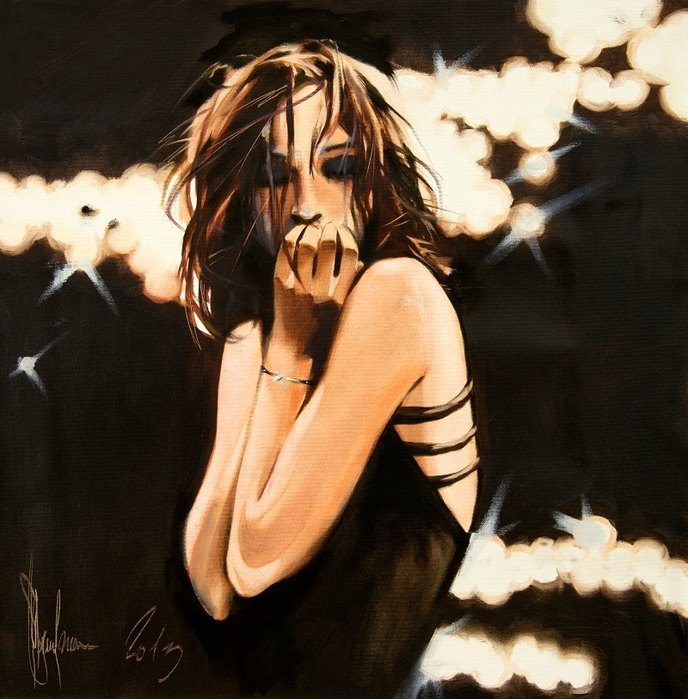 Painting of a young woman with shoulder-length brown hair and folded arms, her face partially obscured, set against a dark, softly glowing background with hints of blurred lights