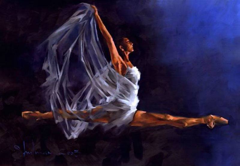 Painting of a ballerina captured mid-grand jeté, wearing a flowing white costume, set against a deep blue smoky background, rendered in a painterly style with visible brushstrokes