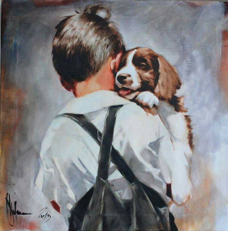 Painting of a young boy in white shirt and dark overalls gently embracing a brown and white spaniel puppy, set against a soft, muted background with gentle, blended brushstrokes