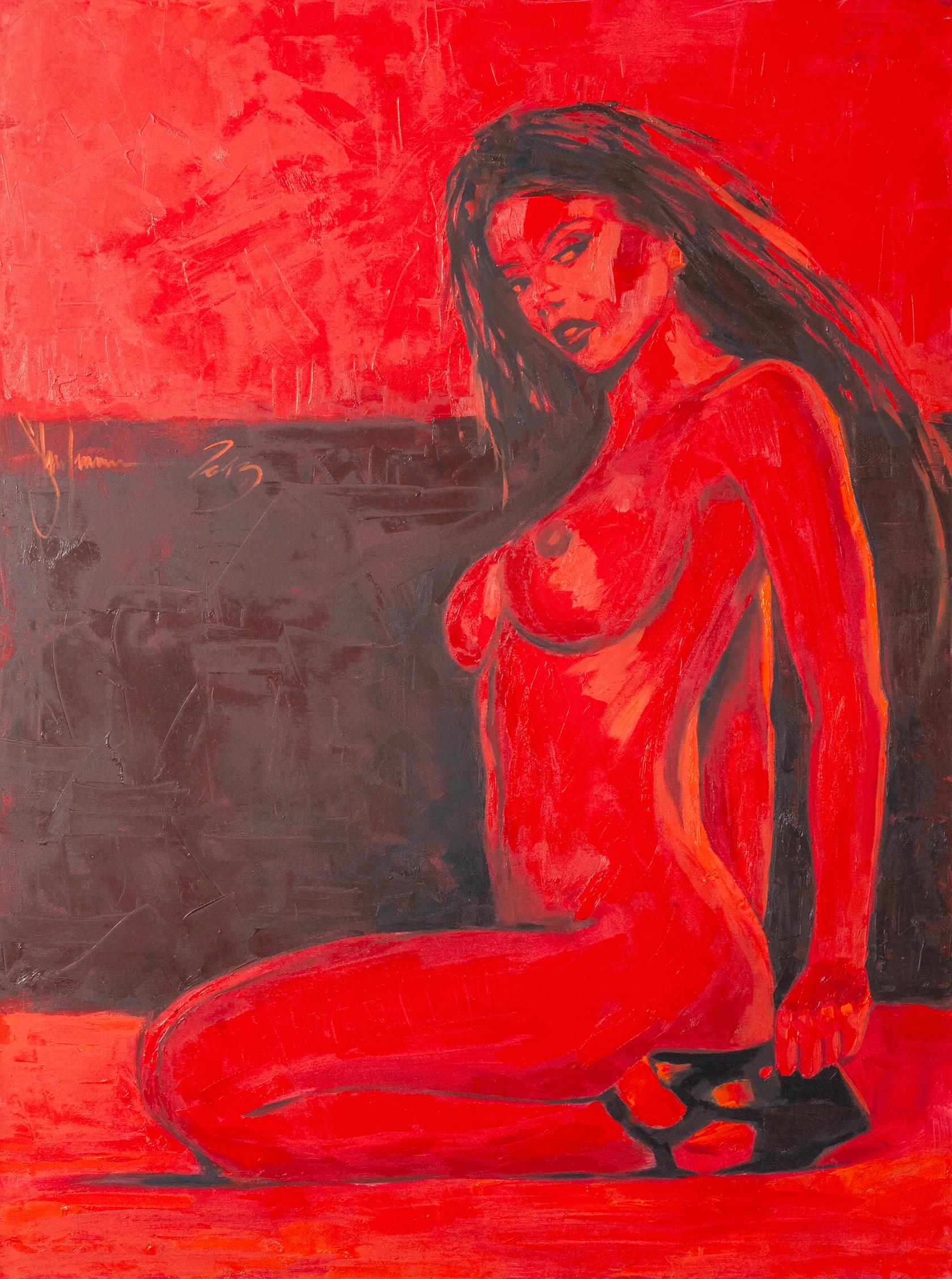 Oil painting “Red Nude” by Igor Shulman, 120 by 90 cm, showing a woman in red tones.