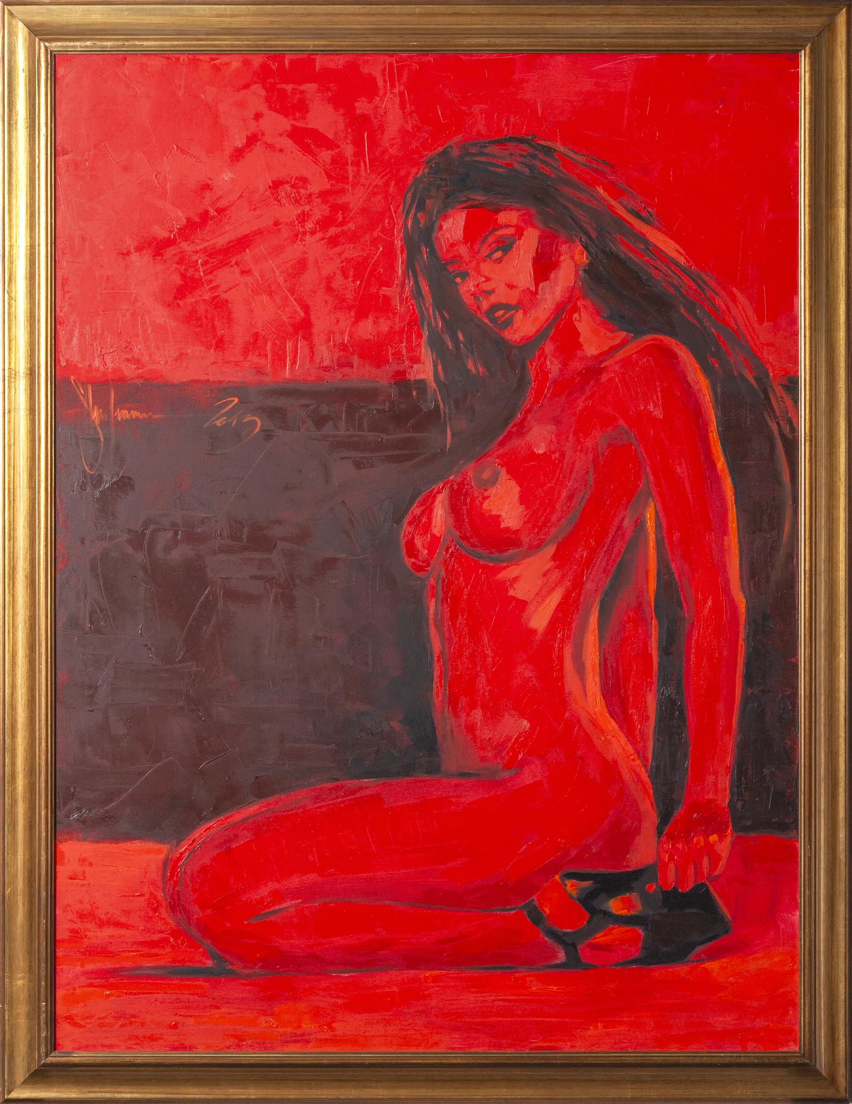 Framed “Red Nude” oil painting by Igor Shulman, featuring a woman in red, 120 by 90 cm.