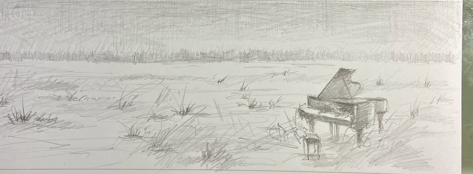 Pencil sketch draft showing a winter landscape with an old grand piano in the snow and a moody sky.