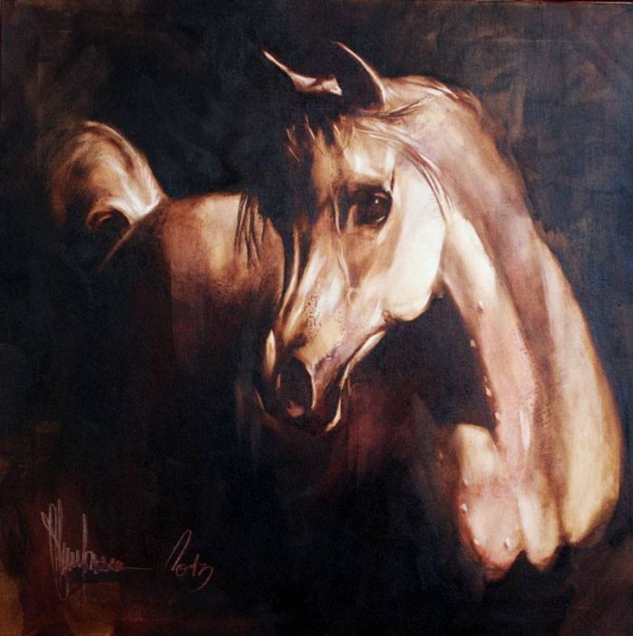 Realistic oil painting of a light-brown Arabian horse with flowing mane and arched neck, illuminated against a deep, shadowy background evocative of classical chiaroscuro