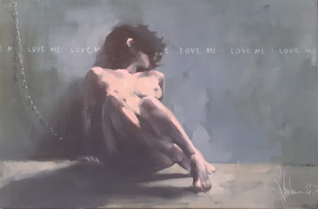 Expressive oil painting by Igor Shulman, titled "Love me," showing an intimate female nude in soft, gestural brushwork on a 40 x 60 cm canvas.