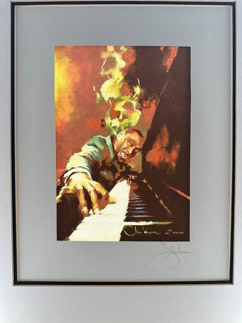 Framed "Piano" print by Igor Shulman on wall with sunlight, Australia
