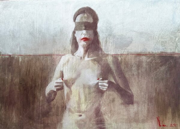 Expressive oil painting of a nude female figure exploring personal boundaries on a 93 x 67 cm canvas by Igor Shulman