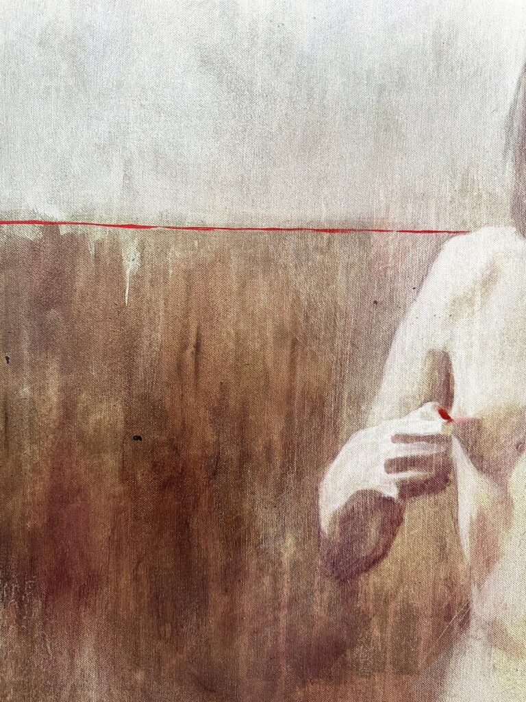 Detail of 'Secret Boundaries' — close-up of sensual nude female form, fine art oil