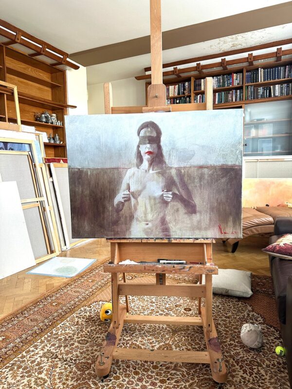 Secret Boundaries — elegant nude painting on canvas displayed in Igor Shulman’s art studio, sophisticated erotic fine art