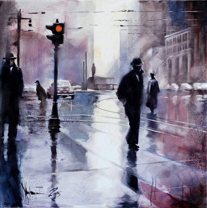 Impressionistic oil painting of three solitary men in dark coats and hats crossing a rainy city street at a crosswalk, muted purples, blues, and grays with soft reflections on wet pavement