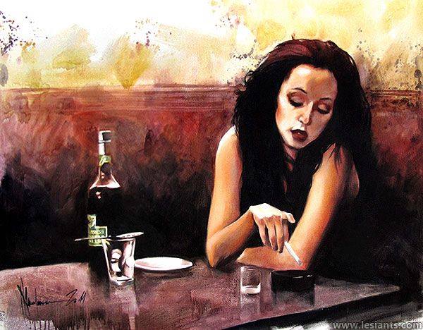 Watercolor painting of a solitary woman with long dark hair, slumped at a small table in a dim bar, holding a cigarette beside a half-empty glass and bottle, rendered with loose, expressive brushstrokes in muted browns and ochres
